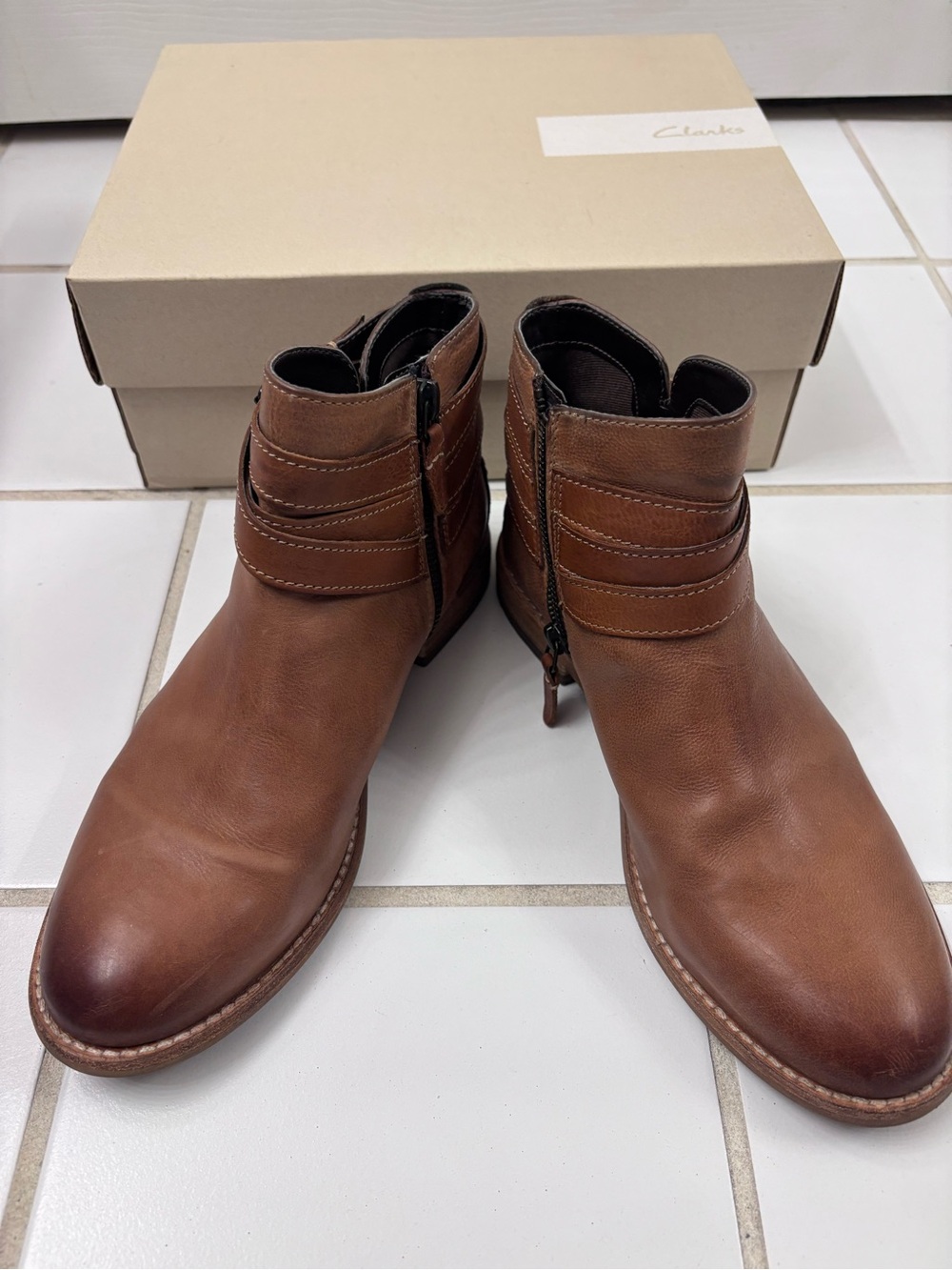 Clarks Tan Leather Ankle Booties with Buckle Strap - Picture 4 of 11